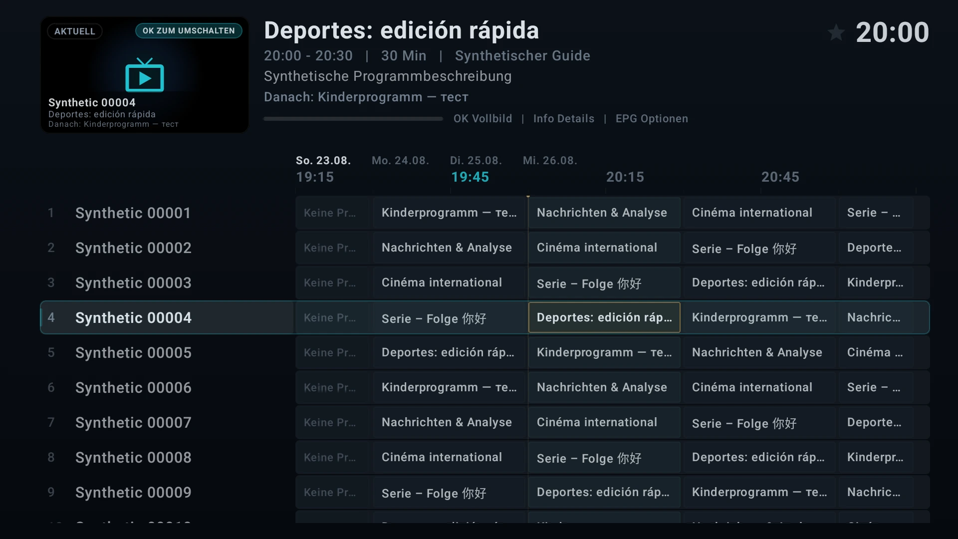 ERNEL Player Programmübersicht mit synthetischen Demo-Sendern und EPG-Daten